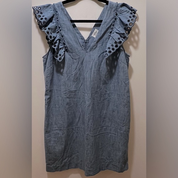 J. Crew Chambray ruffle-shoulder v neck sleeveless sheath dress blue 12 … - Picture 6 of 9